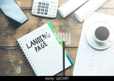 Landing page written in a notebook Stock Photo