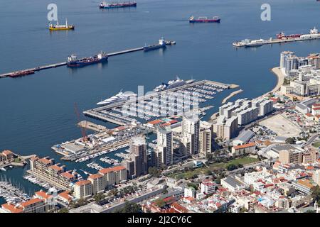 Panoramic view over Gibraltar harbour from the top of the Rock of Gibraltar. Stock Photo