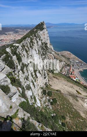 The steep cliff on the east side of the Rock of Gibraltar, looking out over the Mediterranean Stock Photo