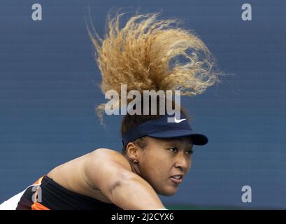 Miami Gardens, United States. 31st Mar, 2022. Naomi Osaka from Japan serves to Belinda Bencic from Switzerland during the semi-finals at the Miami Open in the Hard Rock Stadium in Miami Gardens, Florida, on Thursday, March 31, 2022. Photo by Gary I Rothstein/UPI Credit: UPI/Alamy Live News Stock Photo