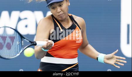 Miami Gardens, United States. 31st Mar, 2022. Naomi Osaka from Japan returns a forehand shot to Belinda Bencic from Switzerland during the semi-finals at the Miami Open in the Hard Rock Stadium in Miami Gardens, Florida, on Thursday, March 31, 2022. Photo by Gary I Rothstein/UPI Credit: UPI/Alamy Live News Stock Photo