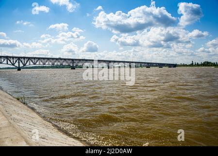 Plock, Poland - August 12, 2021. Longest iluminated bridge in Europe - Legions of Marshal Jozef Pilsudski Bridge over Vistula river in Summer Stock Photo