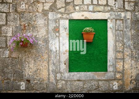 closed window with hanging flower pot on a stone wall of ancient house, Montenegro Stock Photo