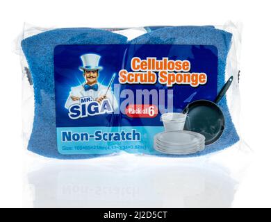 Winneconne, WI -30 March 2021: A package of Mr Siga cellulose scrub sponge on an isolated background Stock Photo