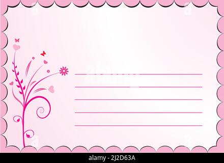 card with pink scalloped edge and floral design on the left and line to write on Stock Vector