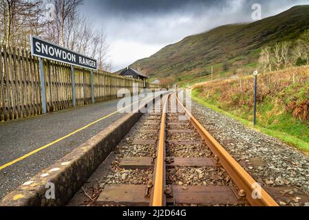 A pick up point on the Welsh Highland Railway,winding up to the summit of Mount Snowdon,through the north Wales countryside,a popular scenic route for Stock Photo