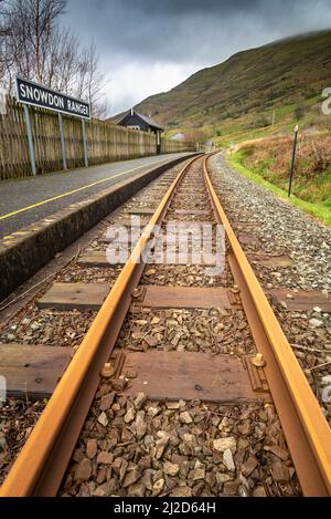 A pick up point on the Welsh Highland Railway,winding up to the summit of Mount Snowdon,through the north Wales countryside,a popular scenic route for Stock Photo