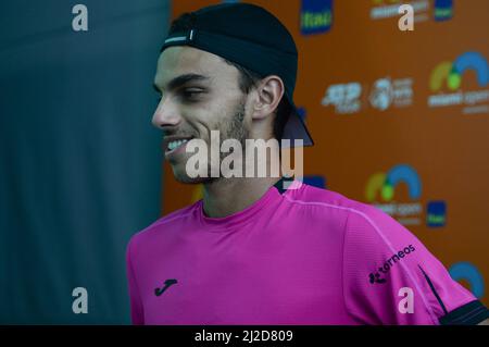 Francisco Cerundolo (ARG) moves to semi-finals after Jannik Sinner (ITA) retires at the Miami Open being played at Hard Rock Stadium in Miami Gardens, Florida on March 30, 2022: © Karla Kinne/Tennisclix/CSM Stock Photo