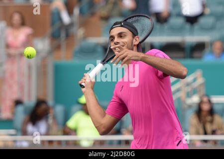 Francisco Cerundolo (ARG) moves to semi-finals after Jannik Sinner (ITA) retires at the Miami Open being played at Hard Rock Stadium in Miami Gardens, Florida on March 30, 2022: © Karla Kinne/Tennisclix/CSM Stock Photo