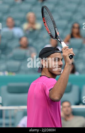 Francisco Cerundolo (ARG) moves to semi-finals after Jannik Sinner (ITA) retires at the Miami Open being played at Hard Rock Stadium in Miami Gardens, Florida on March 30, 2022: © Karla Kinne/Tennisclix/CSM Stock Photo