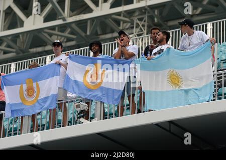 Francisco Cerundolo (ARG) moves to semi-finals after Jannik Sinner (ITA) retires at the Miami Open being played at Hard Rock Stadium in Miami Gardens, Florida on March 30, 2022: © Karla Kinne/Tennisclix/CSM Stock Photo