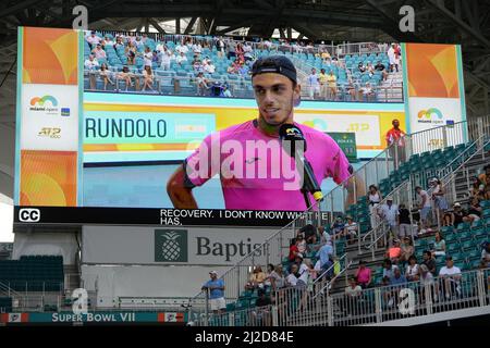 Francisco Cerundolo (ARG) moves to semi-finals after Jannik Sinner (ITA) retires at the Miami Open being played at Hard Rock Stadium in Miami Gardens, Florida on March 30, 2022: © Karla Kinne/Tennisclix/CSM Stock Photo