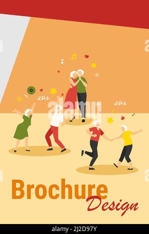 Happy old people dancing isolated flat vector illustration. Cartoon senior grandfathers and grandmothers having fun at party. Music and dancing club c Stock Vector
