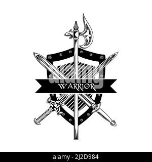 Knight weapon vector illustration. Crossed swords, ax, shield and warrior text. Guard and protection concept for emblems or badges templates Stock Vector