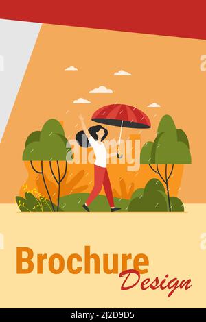 Happy woman walking in rainy day with umbrella isolated flat vector illustration. Cartoon female character being outdoors and autumn rain. Landscape a Stock Vector