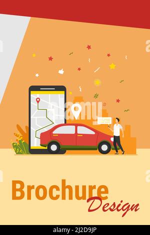 Man with map on smartphone renting car. Driver using car sharing app on phone and searching vehicle. Vector illustration for transport, transportation Stock Vector