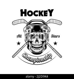 Hockey player skull vector illustration. Head pf skeleton in helmet, crossed sticks, championship text. Sport or fan community concept for emblems and Stock Vector