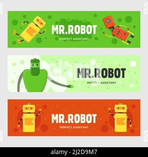 Mr. Robot banners set. Humanoids, cyborgs, smart machines vector illustrations with text on green and red backgrounds. Robotics concept for flyers and Stock Vector