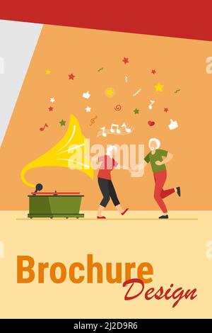Happy old people dancing isolated flat vector illustration. Cartoon funny active elderly couple having fun together. Party, lifestyle and entertainmen Stock Vector