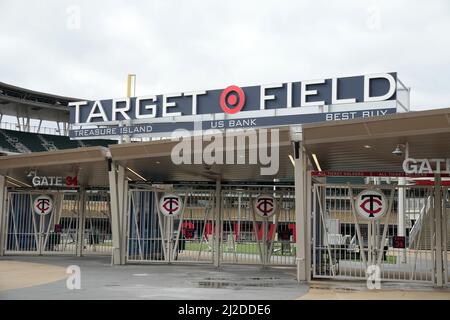 An aerial view of Target Field and downtown skyline, Thursday, Mar