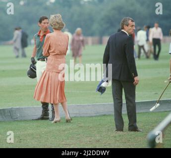 HRH Princess Diana, The Princess of Wales, and HRH Prince Charles, The Prince of Wales, at Guards Polo at Windsor, Berkshire. Sanding to the behind right of the Princess, is her bodyguard Barry Mannakee, wearing the dark suit and holding a bottle of drink  Picture taken 20th June 1985 Stock Photo