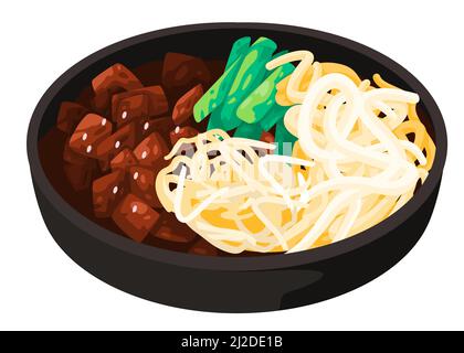 Jajangmyeon mujigae black bean sauce noodle korean food drawing illustration Stock Vector