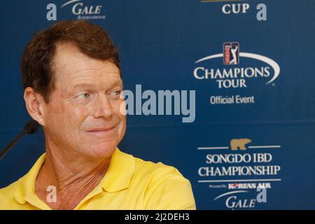 Sep 5, 2011-Incheon, South Korea-Tom Watson attend press conference during the PGA Tour Songdo IBD Championship in Incheon, west of Seoul, on Sep 5, 2011, South Korea. The Songdo IBD Championship is a golf tournament on the Champions Tour. It was played for the first time as the Posco E&C Songdo Championship in September 2010 at the Jack Nicklaus Golf Club Korea in Songdo, South Korea. It was the Champions Tour's first tournament in Asia. The purse in 2010 was US$3,000,000, with $450,000 going to the winner. This was the largest purse ever for a Champions Tour event. Stock Photo