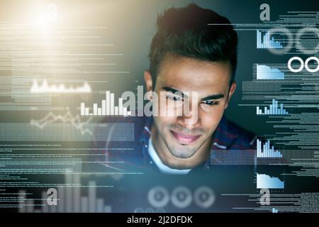 He puts the pro in programmer. Sshot of a young computer programmer working on source code. Stock Photo
