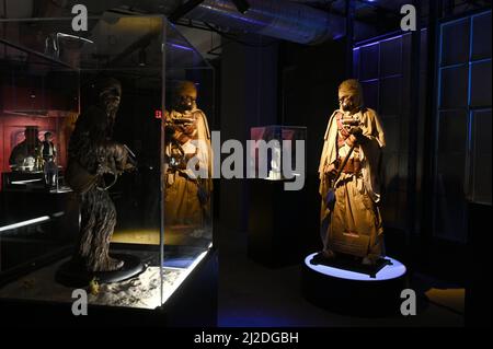 New York, USA. 31st Mar, 2022. A large standing replica of a Tusken Raider from Star Wars A New Hope (1977) on display at The Fans Strike Back Exhibition, the largest Star Wars fan exhibition, New York, NY, March 31, 2022. The exhibition is a contains more than 600 fan-made 600 objects, characters, weapons and costumes based on the 12 Star Wars movies; Disney purchased Lucasfilm, the creator of Star Wars and its related films back in 2012 for more than $4 billion. (Photo by Anthony Behar/Sipa USA) Credit: Sipa USA/Alamy Live News Stock Photo