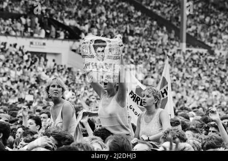 Fans enjoy Wham ! The Farewell Concert at Wembley Stadium, London on 28th June 1986. Wham !,  (singer George Michael, and singer/guitarist Andrew Ridgeley) played their final concert as Wham !, although Andrew joined George as a guest on a few later George Michael solo shows.  Picture taken 28th June 1986 Stock Photo