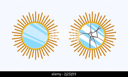 Sun mirror whole and broken.Gold wall mirror with cracks glass in cartoon style Stock Vector