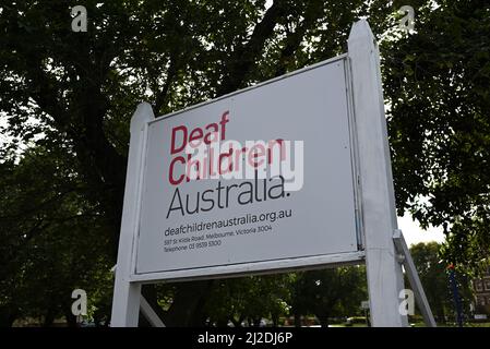 Sign near entrance to Deaf Children Australia's headquarters, on St Kilda Rd Stock Photo