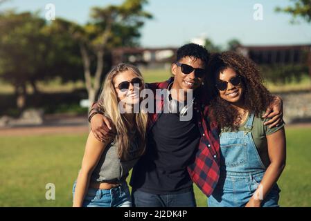 Sunglasses on. Portrait of a group of cheerful young friends posing for a photo together while wearing sunglasses outside in a park. Stock Photo