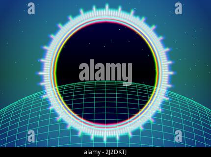 Neon interface background with grid and ruler. Abstract technology frame in 80s retro computer style Stock Vector