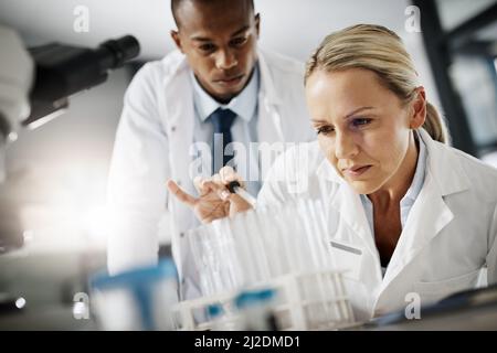 What they do saves lives. Cropped shot of two scientists testing a sample while doing research in their lab. Stock Photo