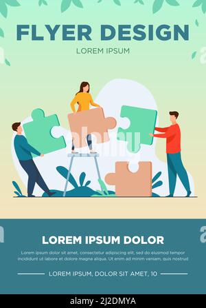 Partners holding big jigsaw puzzle pieces flat vector illustration. Successful partnership, communication and collaboration metaphor. Teamwork and bus Stock Vector