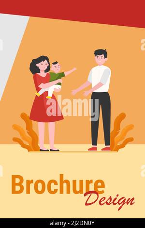 Parents soothing little child. Sad mom giving crying son to smiling dad flat vector illustration. Parenthood problems, stress concept for banner, webs Stock Vector