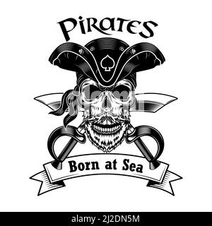 Skull with crossed sabers. Pirate concept art in cartoon style Stock ...
