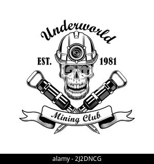 Skull of coal miner vector illustration. Head of skeleton in helmet with torch, crossed jackhammer picks and text. Coal mining tools concept for emble Stock Vector