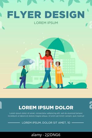 Cartoon people with umbrella walking the street in rainy day. Vector ...