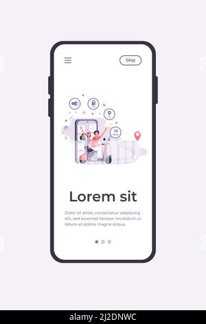 People riding scooter, using navigation app and city map on mobile phone for tracking. Vector illustration for commuting, modern technology, travel, l Stock Vector