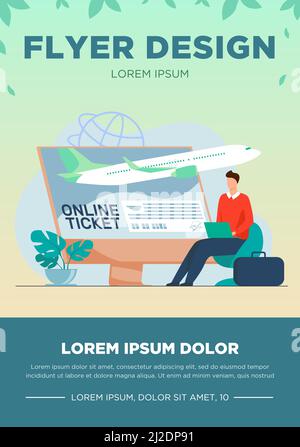 Tiny man buying ticket online via laptop. Monitor, plane, baggage flat vector illustration. Travelling and digital technology concept for banner, webs Stock Vector