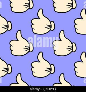 Pattern of hands showing thumbs up on a blue background in the style of pop art for print and design. Vector illustration. Stock Vector