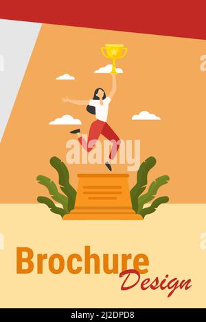 Woman celebrating victory. Girl holding gold cup on winner podium flat vector illustration. Winning, success, achievement concept for banner, website Stock Vector