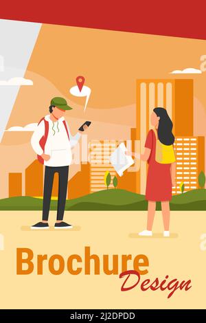Tourist with paper map asking destination. Man explaining way to woman, using location app on cell flat vector illustration. Navigation, travel concep Stock Vector
