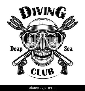 Underwater hunter vector illustration. Skull in mask with crossed stun guns, deep sea text. Seaside activity concept for diving club emblems or labels Stock Vector