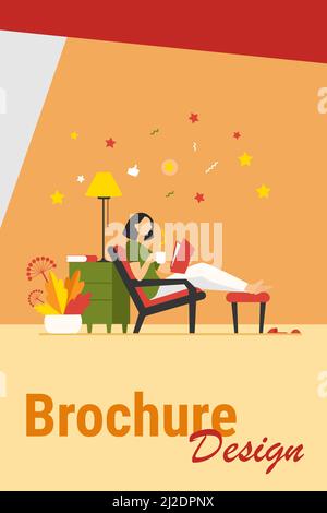 Woman relaxing at home. Girl drinking hot tea, reading book in armchair flat vector illustration. Leisure, evening, literature concept for banner, web Stock Vector