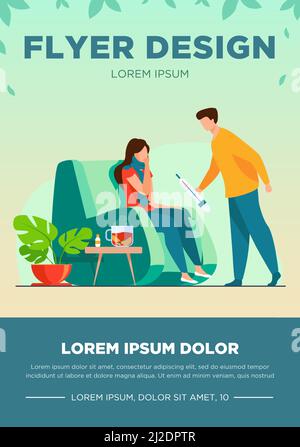 Woman in scarf catching cold and suffering from flu. Man taking care about sick girlfriend, giving thermometer to her. Vector illustration for infecti Stock Vector