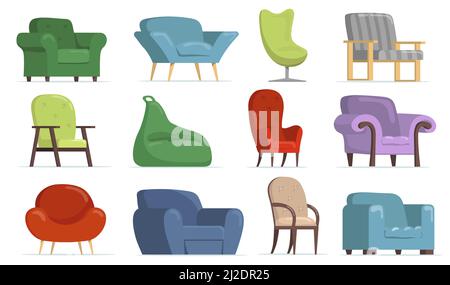 Comfortable armchairs flat set for web design. Cartoon classic and modern chairs, soft poufs isolated vector illustration collection. Furniture and ap Stock Vector