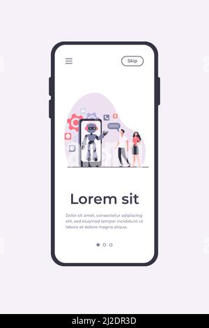 Young couple chatting with robotic assistant on smartphone screen. Chatbot helping customers with their problems. Vector illustration for customer sup Stock Vector